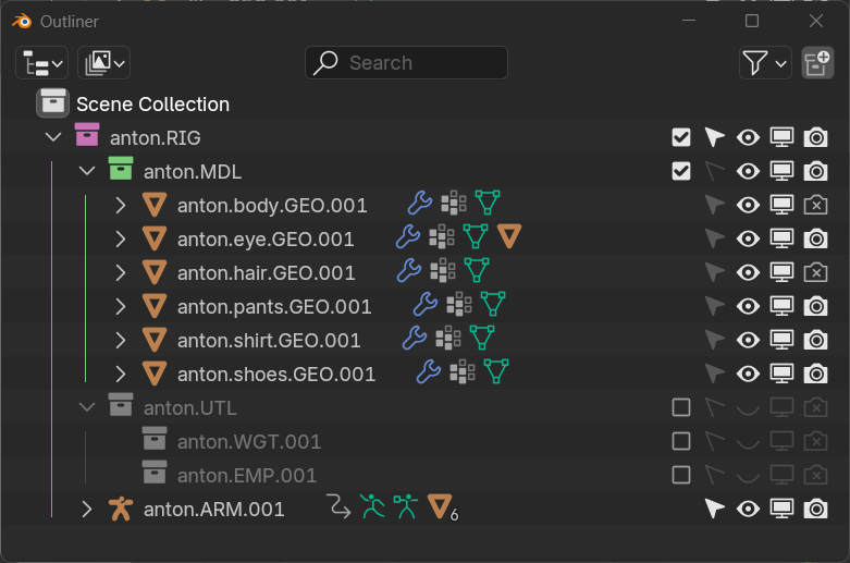 An example of a character rig collection hierarchy.